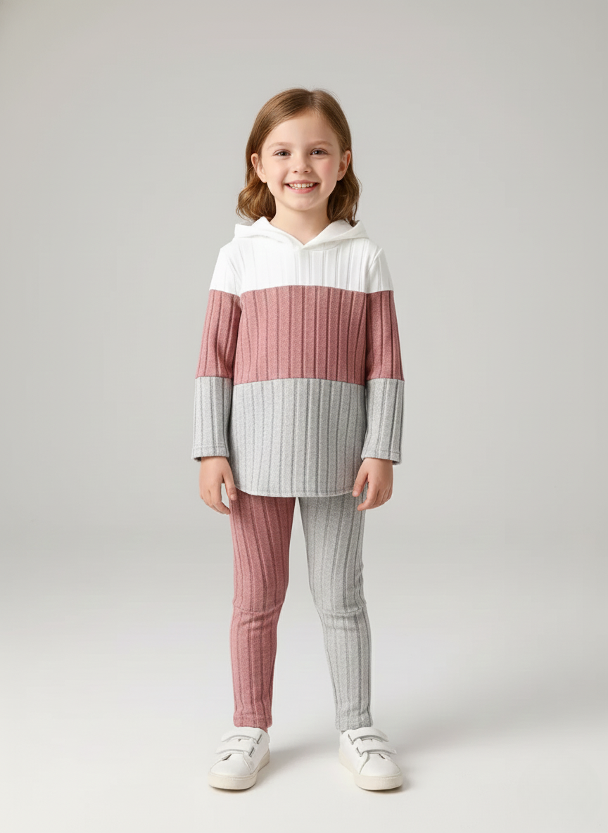 Victoria – Girls’ Hooded Ribbed Color Block TwinSet