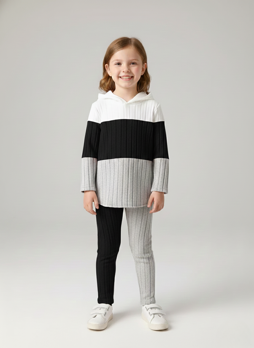 Victoria – Girls’ Hooded Ribbed Color Block TwinSet