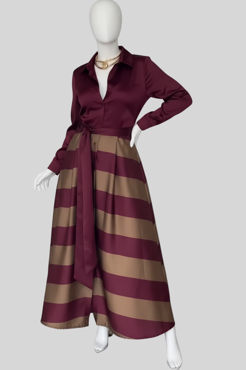 Margot – Women’s Long Striped Maxi Shirt Dress with Belt