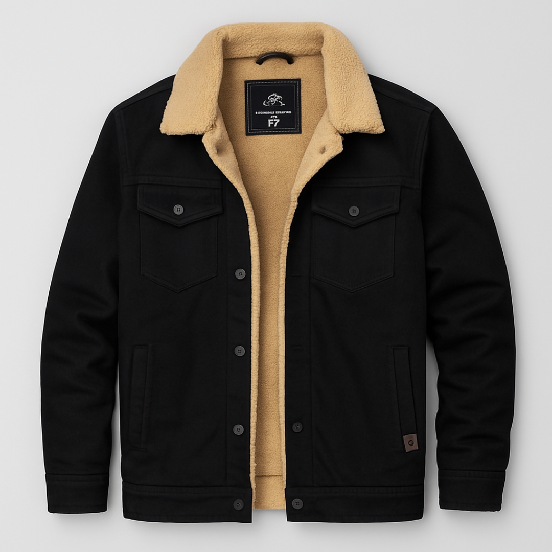 Black jacket with beige fleece lining on a light gray background