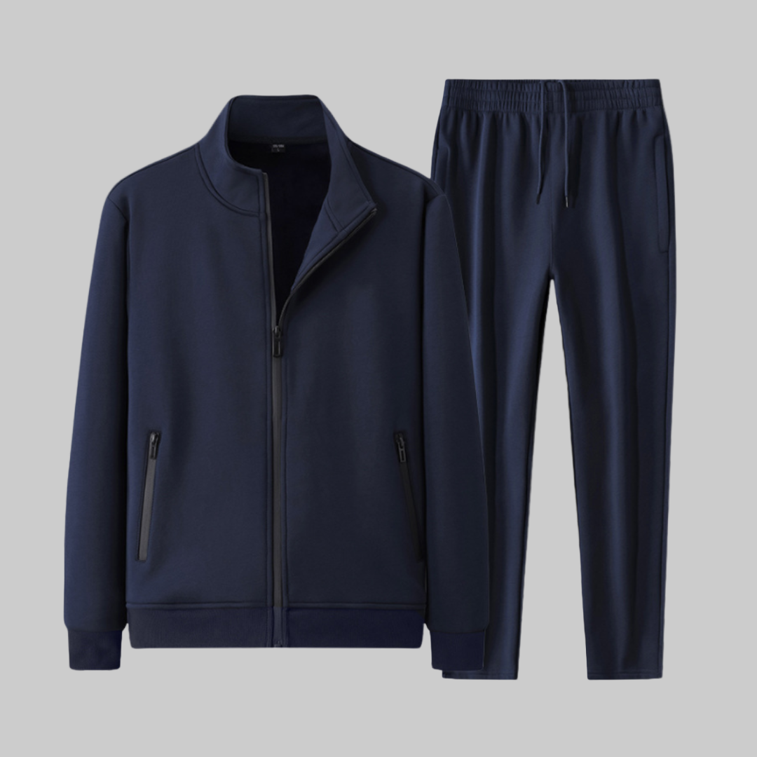 Navy blue tracksuit with jacket and pants on a white background