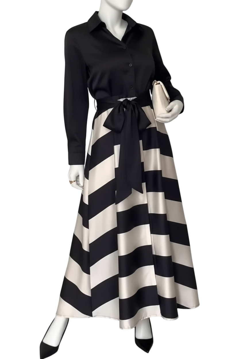 Margot – Women’s Long Striped Maxi Shirt Dress with Belt