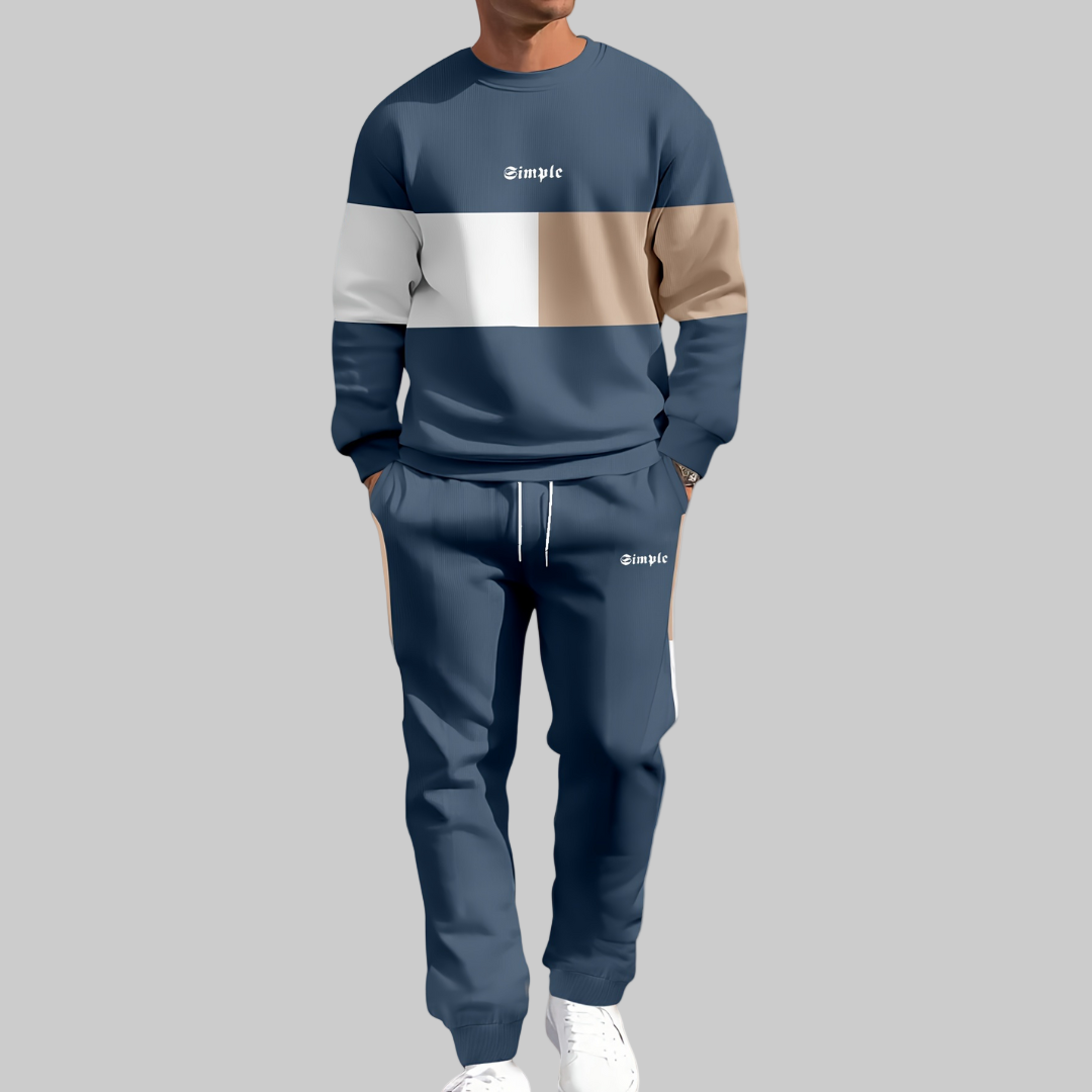 Two-tone tracksuit with 'Simple' branding on a white background