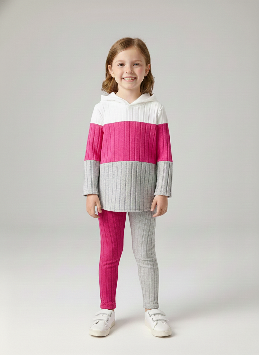 Victoria – Girls’ Hooded Ribbed Color Block TwinSet