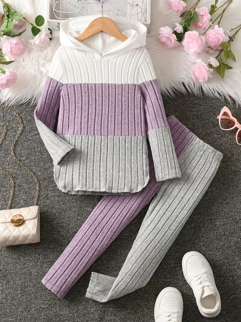 Victoria – Girls’ Hooded Ribbed Color Block TwinSet